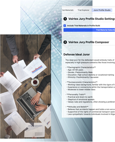 Sheets of paper with demographic statistics being imput into Voirtex to create the ideal juror